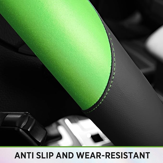 Road Comforts Steering Wheel Cover – Breathable Leather Steering Wheel Cover, Anti-Slip Grip, Universal Fit 14.5” to 15”, Heat & Cold Resistant for Cars, SUVs, and Trucks – Black & Green