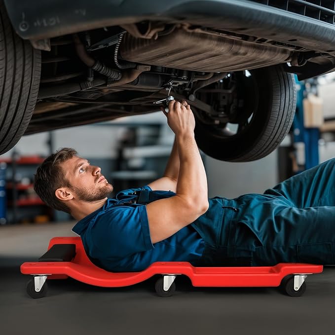 Magshion Mechanic Creeper with Padded Headrest and Tool Tray, 330 lbs Capacity Rolling Garage Shop Creeper with 6 Wheels, Lightweight and Portable Automotive Creeper (Red)