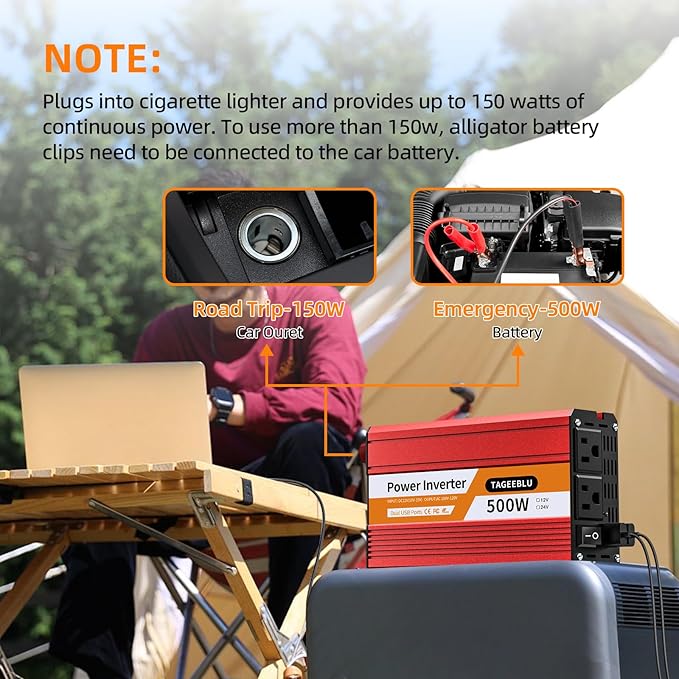 500W Power Inverter DC 12V to 110V/120V AC Car Inverter with 2 x 3.0A USB Ports and Dual AC Outlet, Equipped with 1 Cigarette Lighter and 2 Battery Clamps for Road Trip and Camping