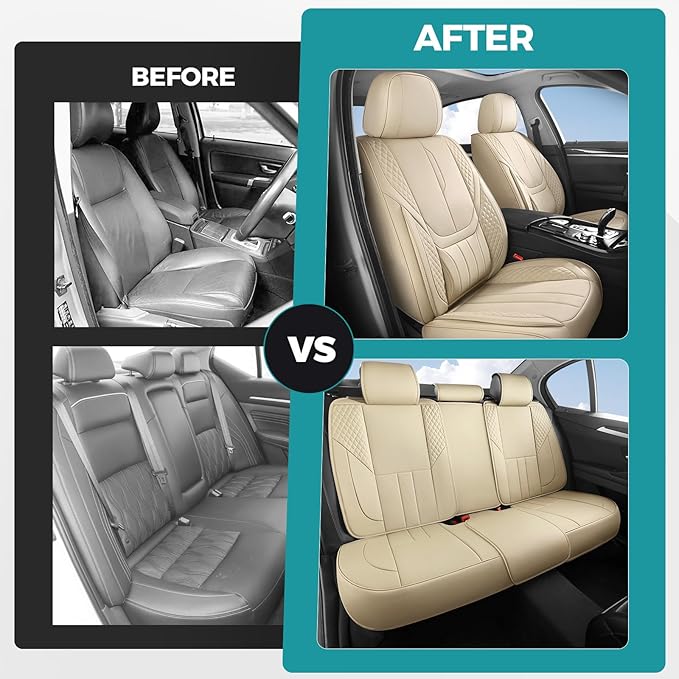 Car Seat Covers Full Set - Universal Seat Covers for Cars SUV Truck – Faux Leather Automotive Seat Covers, Breathable & Waterproof Front and Rear Seat Protectors, Fit for Most Cars-Beige