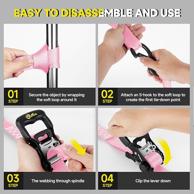 4Pcs 1.6”x 10FT Heavy Duty Ratchet Straps with Padded Handles+Coated S Hooks+Soft Loop Tie-Downs for Ratchet Strap Tie Down Kit-6000 Pound Break Strength（Pink）