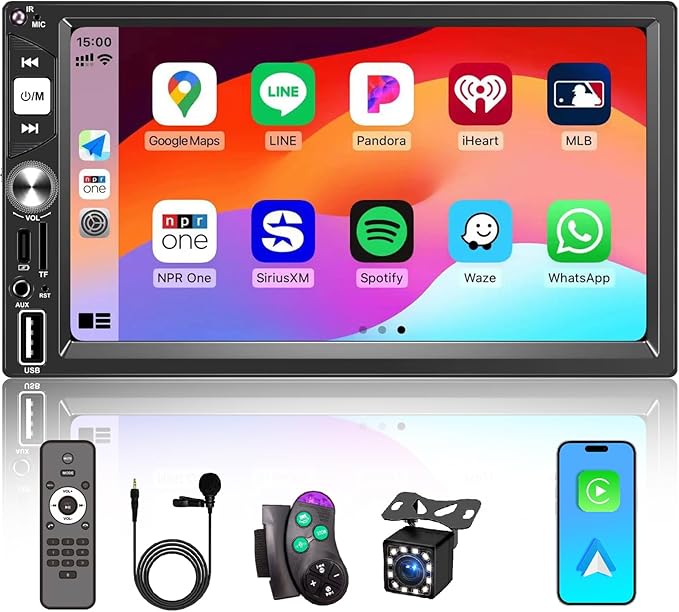 7” Wireless Apple CarPlay Double Din Car Stereo,FM Car Radio,Bluetooth 5.2,IPS Touchscreen 1024 * 600, Backup Camera,EQ Audio,Dual USB+Type-c Charging,Subwoord,Android Auto,Navigation,CarPlay MP5