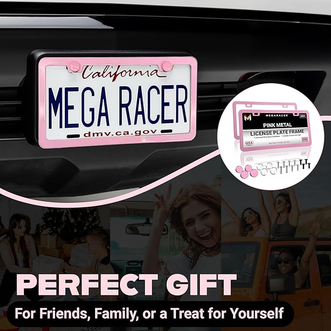 Premium Princess Pink License Plate Frames – 2 Pack, Rust-Free Stainless Steel, Street Legal, Rattle-Free, Universal Slim Design with Screw Covers, Durable Car Tag Holders for Women, Cute & Girly Gift