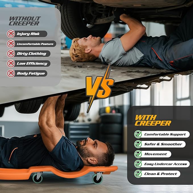 Magshion Mechanic Creeper with Padded Headrest & Tool Trays – 440 lbs Capacity, Rolling Garage Creeper with 6 Swivel Wheels, Lightweight & Portable Under Car Creeper for Auto Repair (Orange)