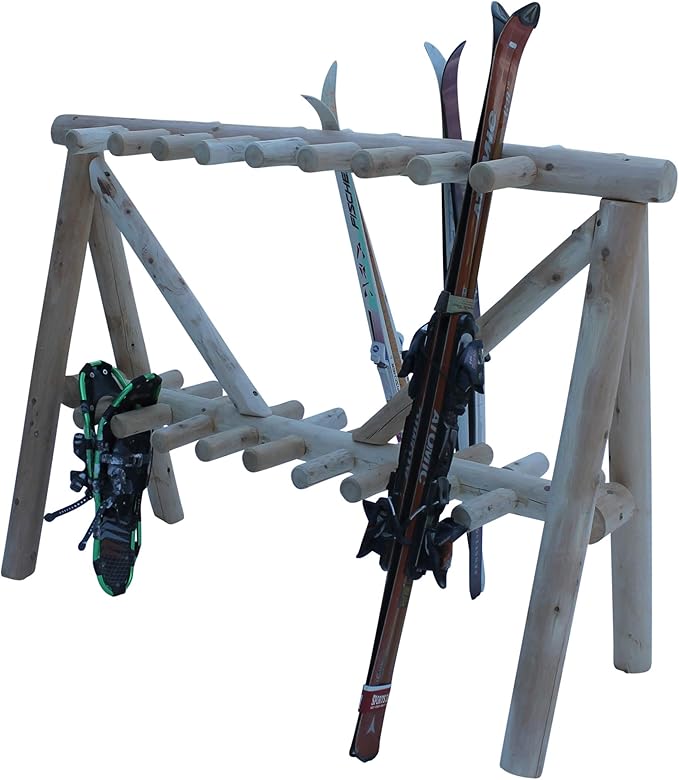 21-Place Freestanding Log Ski Rack Holder, Indoor & Outdoor Snowboard Racks, Standing Storage, Garage Racks for Snow Skis & Poles, Snowboard Rack Garage Storage Organizer - Unfinished + 15" Anchor Kit