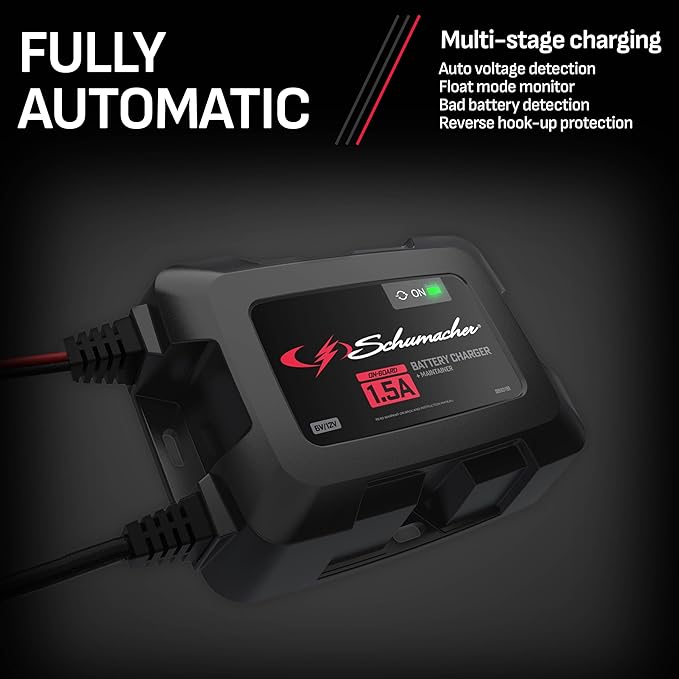 Schumacher Electric On-Board Battery Charger and Maintainer, 3-in-1, SC1587, 1.5 Amps, 6 Volt, 12 Volt, Fully Automatic, Mounts Under Hood, for Car, Truck, and Large Vehicle Batteries