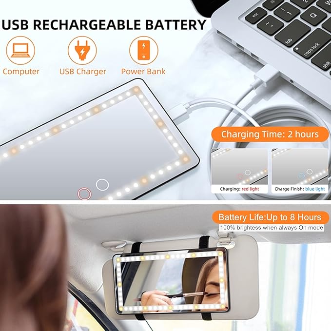 Car Sun Visor Vanity Makeup Mirror, 2 Pcs Rechargeable with 3 Light Modes & 60 LEDs - Dimmable Clip-on Rear View Sun-Shading Cosmetic Mirror, Universal for Car SUV Truck (Black)