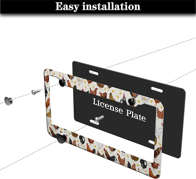 License Plate Covers for Women Multicolor License Plate Frames for Men Chicken Flower Aluminum Metal Car Accessory 2 Pack with Screw Covers Set
