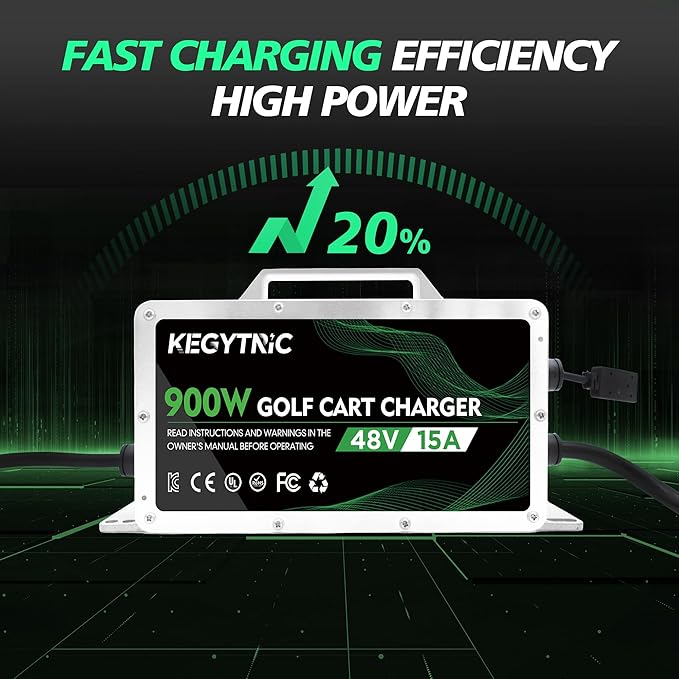 15 AMP 48 Volt Golf Cart Battery Charger for Club Car with 3-Pin Round Plug, 20% Faster & Safer, 900W Club Car Battery Charger for Lead Acid Battery, Automatic Power-Off Protection & IP67 Waterproof
