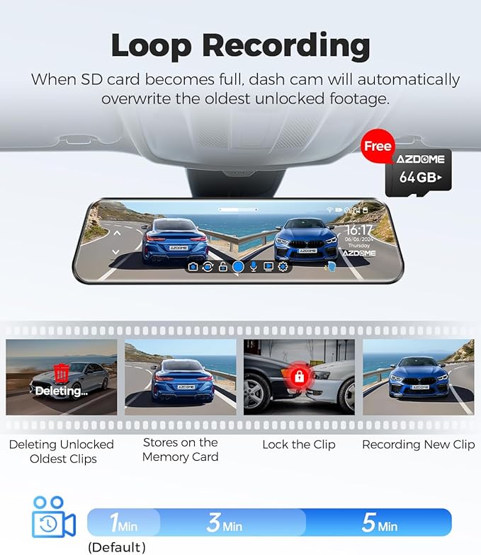 AZDOME PG17 12" 4K Mirror Dash Cam Front and Rear, Wi-Fi 6 Rear View Mirror Camera with 64GB Card, Voice Control Dash Camera for Car, Rearview Mirror Camera with GPS Night Vision Parking Assistance