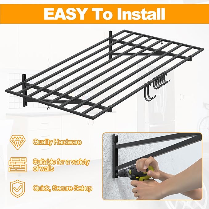 2-Pack 2×4ft Steel Garage Wall Shelving, 500lbs Each Load Capacity, Black, Hooks, Tool & Equipment Storage