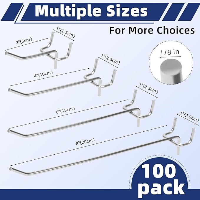 100 Pack Pegboard Hooks Heavy Duty 2 4 6 Inch Pegboard Hooks 1/8 Stainless Steel Peg Board Shelving Hanging Tool Pegs Organizer Accessories Kit for Garage Kitchen Store Craft Organizing Wall Storage