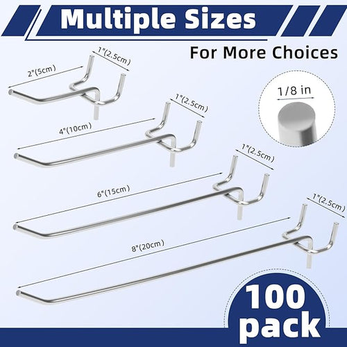 100 Pack Pegboard Hooks Heavy Duty 4 6 8 Inch Pegboard Hooks 1/8 Stainless Steel Peg Board Shelving Hanging Tool Pegs Organizer Accessories Kit for Garage Kitchen Store Craft Organizing Wall Storage