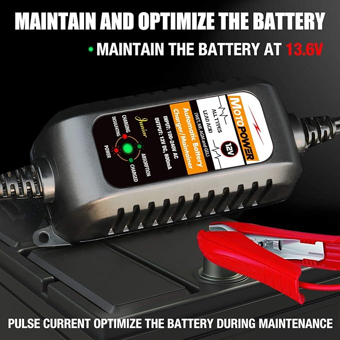 MOTOPOWER MP00205A 12V 800mA Automatic Battery Charger, Battery Maintainer, Trickle Charger, and Battery Desulfator, 2 Pack