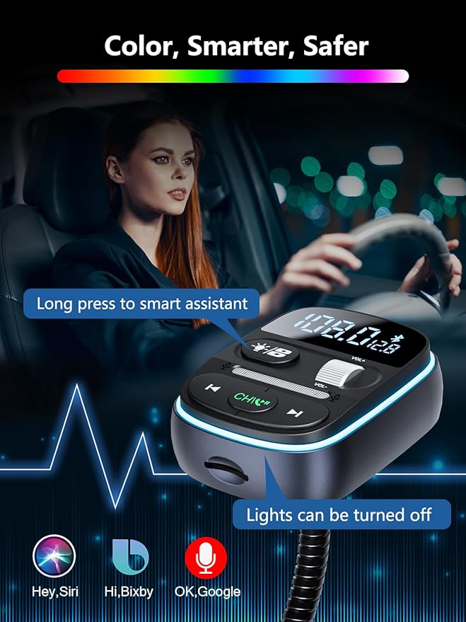 LENCENT Bluetooth FM Transmitter PD 30W, Bluetooth Car Adapter with QC3.0 Fast Charger, Hi-Fi Bass Music, Wireless Radio Receiver Hands-Free Calling, [Color Light]