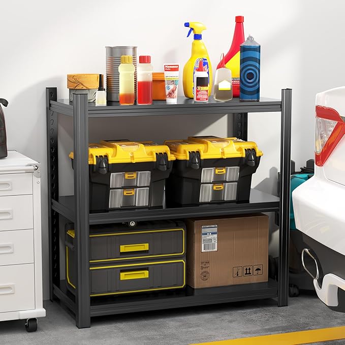 Metal Garage Shelving Unit, Heavy Duty 3-Tier 1050 LBS Loads Adjustable Storage Rack Garage Storage Shelves, Industrial Utility Shelf for Garages, Warehouses, Kitchen, Black