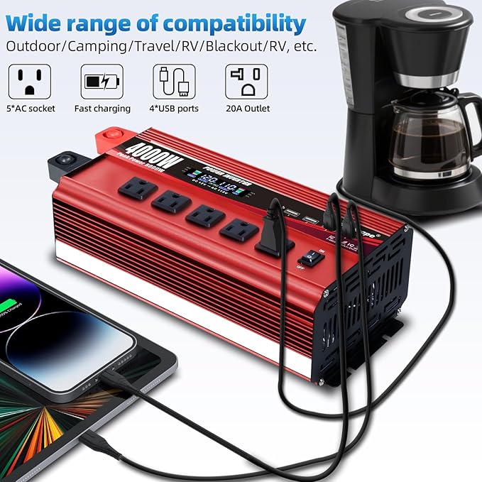 4000W Power Inverter 12V to 110V/120V DC to AC with LCD Display, Remote Controller 5 x AC Outlets and 4 x 3.1A USB Car Adapter for Car Truck Boat RV Solar System