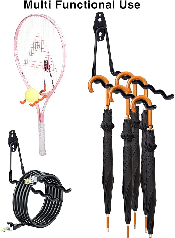 2 Packs Garage Wall Hooks Heavy Duty Hanger,Wall-Mounted Metal Badminton Racket Holder, Tennis Racket Holder Organizer, Hooks for Cables, Ropes and Hoses,Extension Cord Holder (Black)