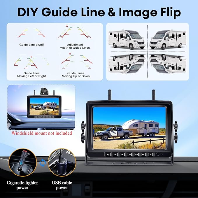 Wireless RV Backup Camera 7-inch for Trailer: Easy Setup Solar RV Rear View Camera with Recording - 4 Channels Strong Magnetic HD 1080P Long-Battery Life for Camper, Truck, Fifth Wheel