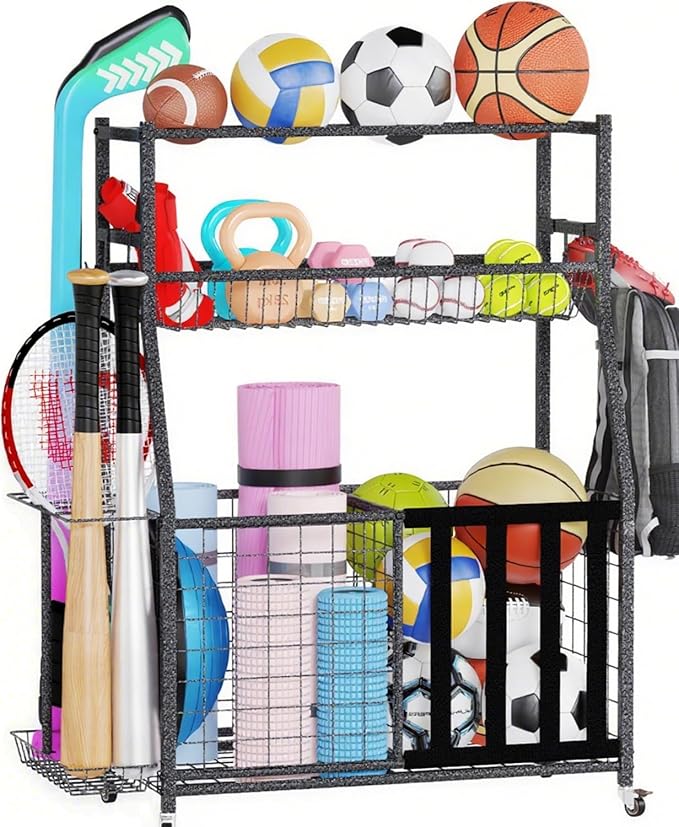 HOMREST Sports Equipment Storage, Ball Storage, Ball Holder, Garage Sports Organizer with Basket and Hooks, Rolling Sports Ball Storage with Wheels for Toy Sports Gear Storage, Black