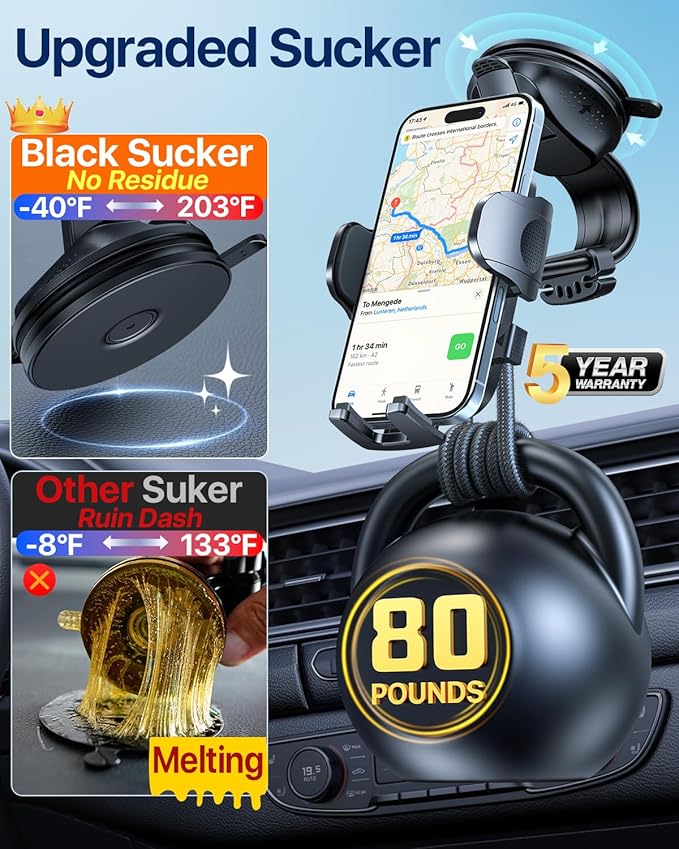 HTU Upgraded Strongest Suction Car Phone Holder Bendable Arm, Never Block View Rotatable Cellphone Mount for Dashboard Windshield Vent, Cradle Stand for iPhone 16 15 14 13 12 Pro Max (Grape Purple)