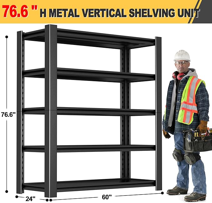 76" H x 60" W x 24" D 5-Tier Heavy Duty Garage Shelving Unit, 3000 LBS Capacity Metal Storage Rack,Adjustable Steel Shelves for Garage, Warehouse, Basement, Pantry, Workshop.2 Pack