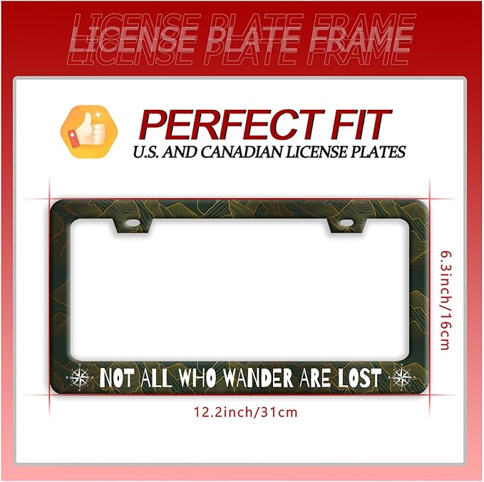 Not All Who Wander are Lost License Plate Frame Funny Golden Mountains License Plate Frames Stainless Steel Accessories Cars Decor with 2 Holes and Screws Fits Standard Us Ca Vehicles 12.2 X 6 Inch