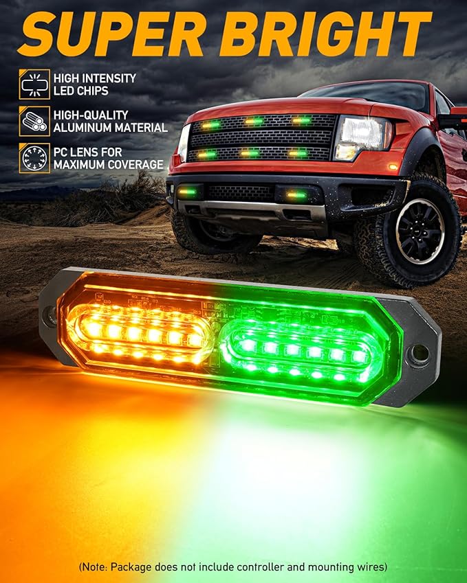 HLauto 1200T Emergency Strobe Grille Lights: 8pcs 12 LED Sync Feature Safety Warning Flashing Lights, Ultra Slim Surface Mount Hazard Caution Lights for Trucks, Vehicles, Car, ATV, UTV (Amber Green)