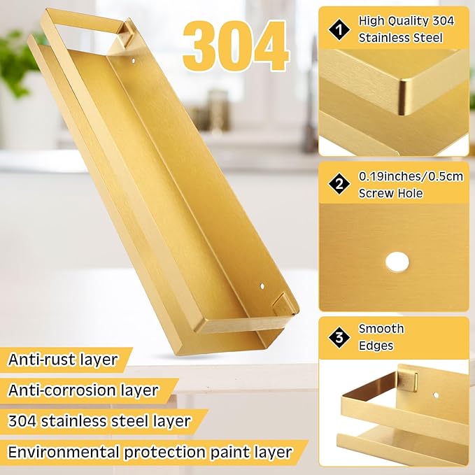 Lallisa 2 Pieces Stainless Steel Shelf Bathroom Shower Floating Shelves Wall Mounted Shower Caddy Basket Shelf Storage Organizer Shelves for Bathroom, Kitchen, Living Room (15.75 Inch/ 40 cm,Gold)