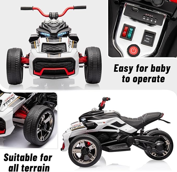 12V Kids Electric Ride-On Car with Parent Remote Control, 7MPH, 2 Speeds, 2x55W Motor, LED Lights, Music, USB & EVA Tires, 3 Wheel Battery Powered Toy Vehicle for Toddlers