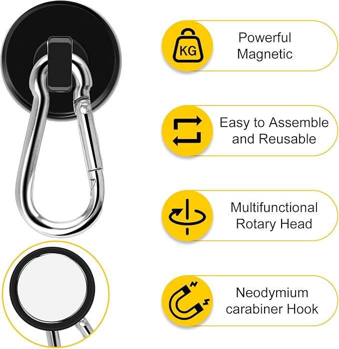 DIYMAG Magnetic Hooks, 70LBS Heavy Duty Neodymium Magnetics with Swivel Carabiner Hook,Great for Your Refrigerator and Other Magnetism Surfaces, Pack of 6