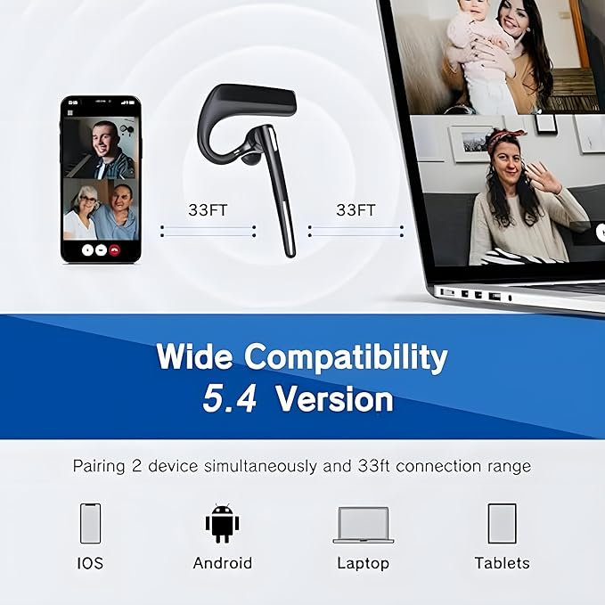 Bluetooth Headset V5.4, Wireless Bluetooth Earpiece with CVC8.0 Dual Mic Noise Cancelling, 110 Hours Talktime Hands-Free Headphones for Cell Phone, iPhone and Android, for Trucker and Business Use