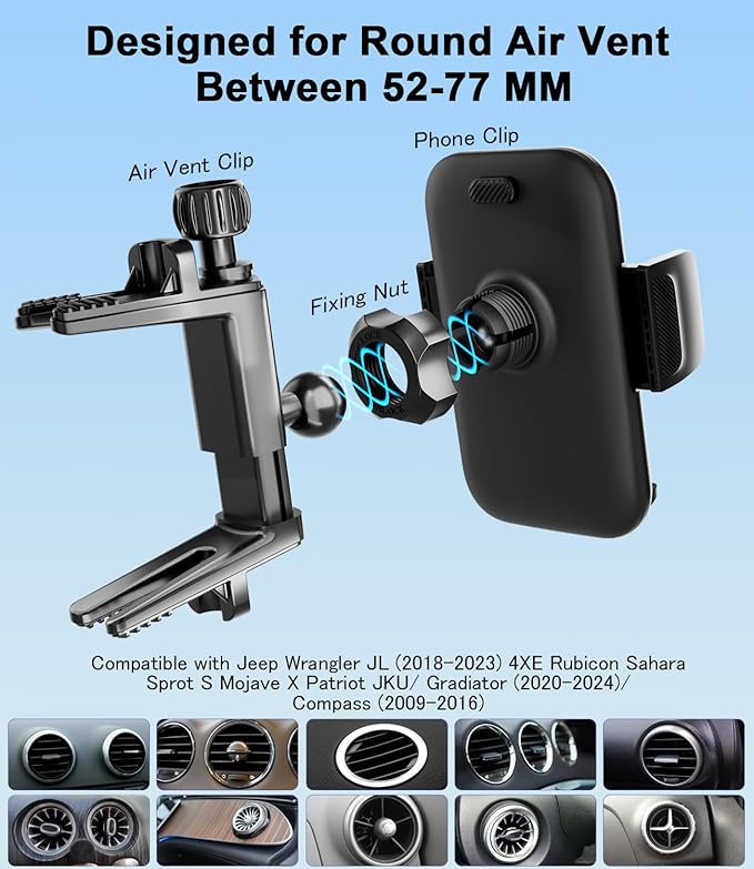 Round Vent Car Phone Holder for Jeep Wrangler JL(2018-2025) Gradiator (2020-2024) Compass (2009-2016) [Thick Case Friendly] Air Vent Car Mount for All Smartphone 4-7.2 inch
