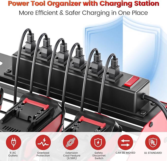 𝟐𝟎𝟐𝟓 𝐔𝐩𝐠𝐫𝐚𝐝𝐞𝐝 Power Tool Organizer Wall Mount with Charging Station [5-Layer Loads 220lbs Heavy Duty] Metal Tool Storage Rack Drill Holder,Battery Utility Rack Loads with 6 Power Strip