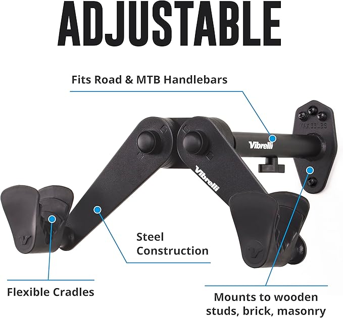 Vibrelli Bike Wall Mount - Horizontal Storage Rack for Hanging Bicycles in Garage - Adjustable Bike Hanger, Holder - Wall Bike Rack Hooks for Bicycle