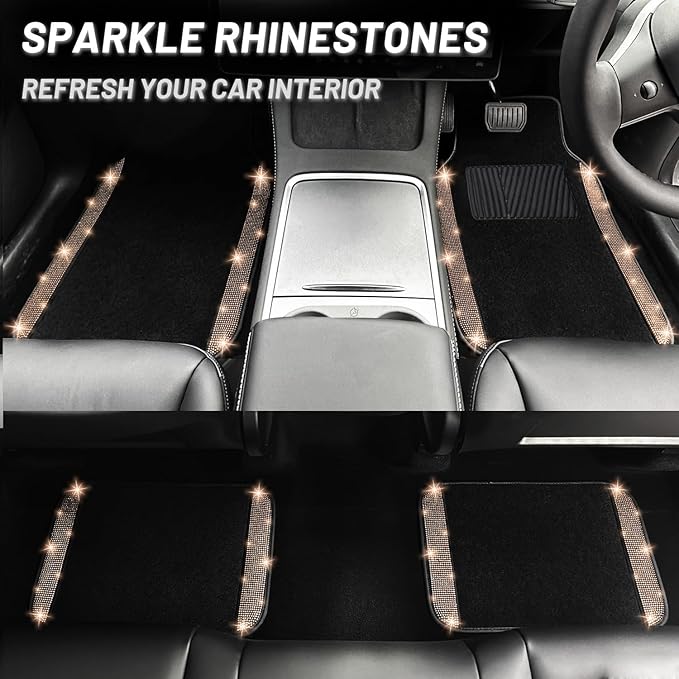 NBTEPEM Gold Bling Car Floor Mats Full Set, Universal Fit Most Cars,SUV, Trucks, 4 pcs Sparkle Glitter Diamond Carpet for Women Girls with Anti-Slip Pad (Gold Diamond)