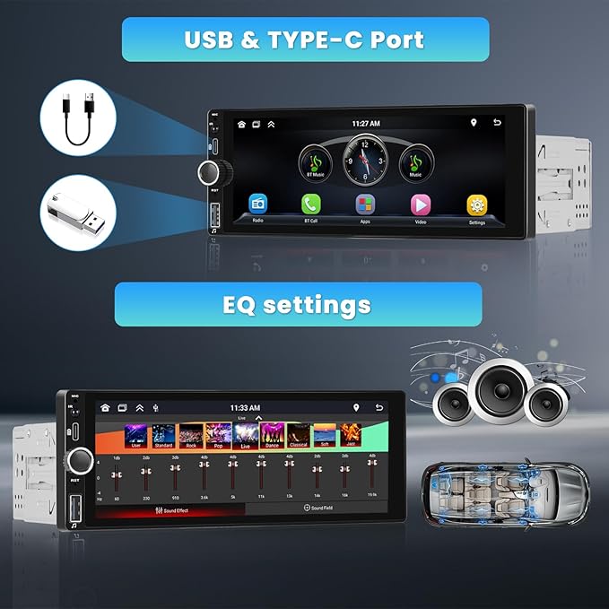Single Din Car Stereo with Apple Carplay Android Auto,6.9 Inch IPS Touch Screen Car Stereo with Backup Camera, Car Radio Support Mirror Link Bluetooth Handsfree FM/RDS Type-C/USB EQ SWC