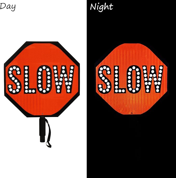 SmartSign LED STOP SLOW Paddle - Reflective Hand Held Stop Slow Sign with Handle, 18" Double-Sided, Steady/Flashing LED Light Modes, Rechargeable, Pack of 1