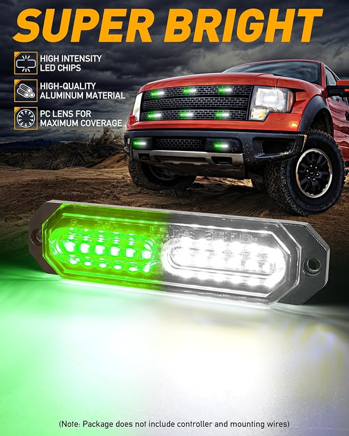 HLauto 1200T Emergency Strobe Grille Lights: 8pcs 12 LED Sync Feature Safety Warning Flashing Lights, Ultra Slim Surface Mount Hazard Caution Lights for Trucks, Vehicles, Car, ATV, UTV (Green White)
