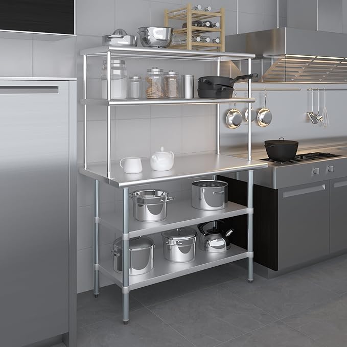 Amgood Stainless Steel Work Table with 2 Shelves | Metal Kitchen Prep Table & Shelving Combo (24" x 48" Table with 2 Shelves + 18" Overshelf)