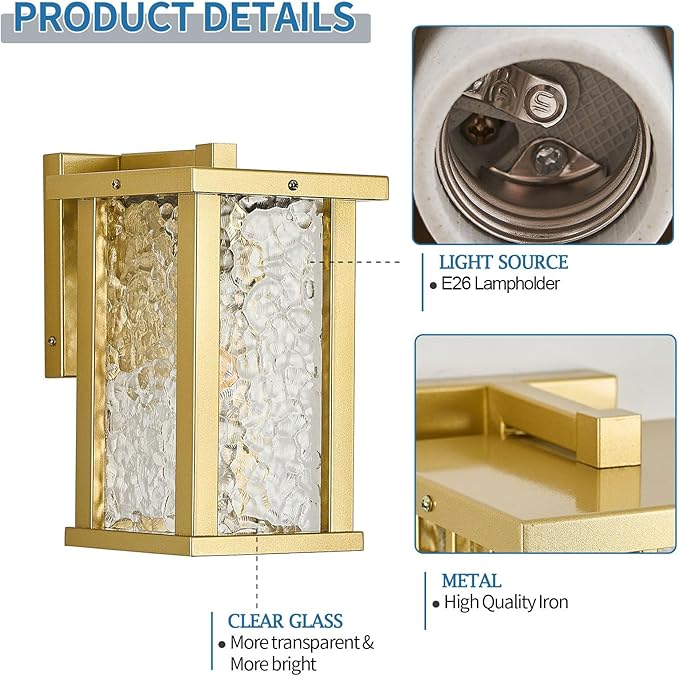 Outdoor Wall Sconce E26 Base Metal Frame - Gold Exterior Light Fixture with Clear Glass, Waterproof Porch Wall Mount Lighting for Garage, Patio(Bulb not Included)