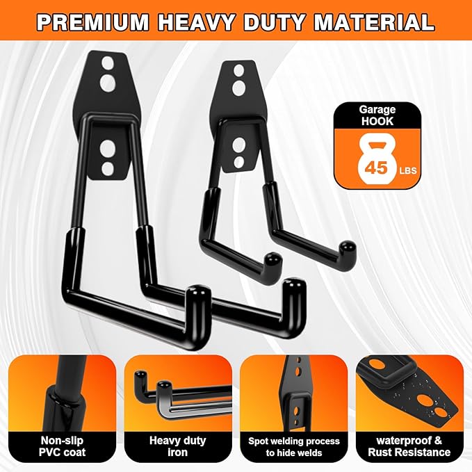 10-Pack Heavy Duty Garage Wall Hooks – Utility J Hooks for Hanging Ladders, Bikes, Garden Tools, Hose, with Anti-Slip Coating (Black*10)