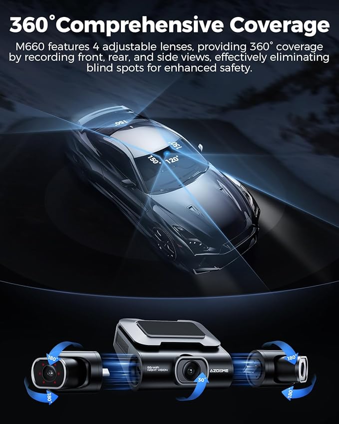 AZDOME 360° 4 Channel Dash Cam, Built-in 128GB eMMC, 2K+1080P*3 Dashcam Front and Rear Inside Left Right, Voice Control, 5G WiFi Dash Camera for Cars with 4 Adjustable Lenses, IR Night Vision, M660