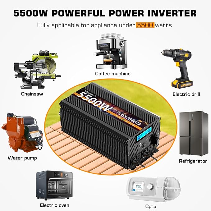 5500 Watt Power Inverter 12V DC to 110V 120V Converter for Family RV Off Grid Solar System Car with Type-C Ports 3 AC Power Outlets Dual USB Ports LCD Display Wireless Remote Control