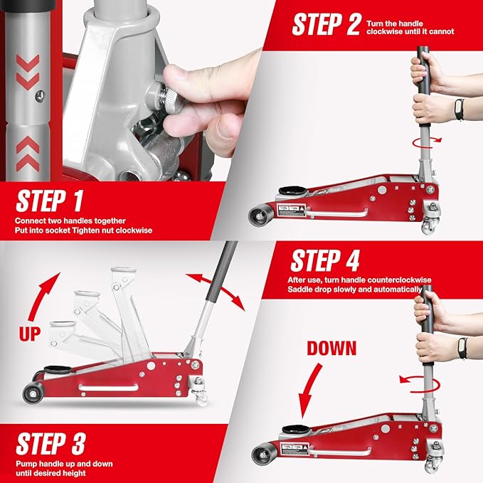3 Ton Low Profile, Aluminum and Steel Racing Floor Jack with Dual Pistons Quick Lift Pump for Sport Utility Vehicle, Lifting Range 3-15/16" min to 18-5/16" max, Net Weight 58.5 lb, Red