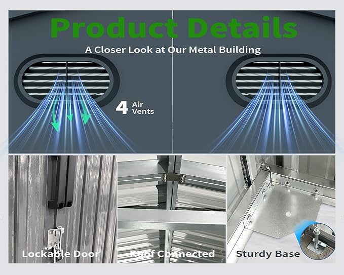 10x20 FT Upgrade Outdoor Storage Shed, Metal Garage Shed with 2 Lockable Doors, Large Metal Building with 4 Air Vents, Galvanized Steel Prefab Garage Sheds for Car, Truck, Bike, Tool, Black