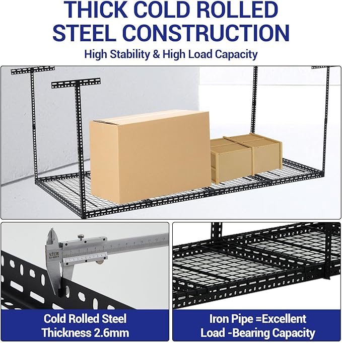 Overhead Garage Storage Rack 4x6 FT, Steel Ceiling Shelves 330lb Capacity, Height Adjustable 22-40 Inches, Space-Saving for Attic Basement Shed (Black, 4 Posts)