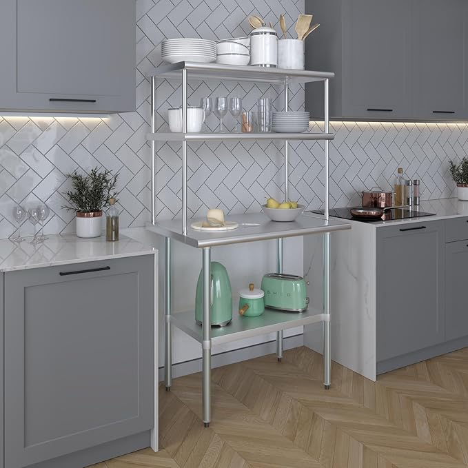 Amgood Stainless Steel Work Table Double Tier Overshelf | Metal Kitchen Prep Table & Shelving Combo (24" x 36" Work Table + 18" Overshelf)