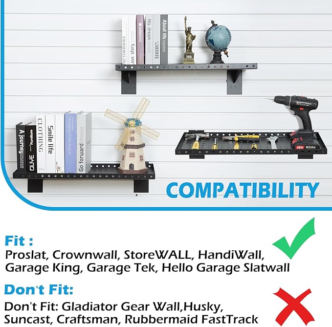 Slatwall Shelves 24 Inch, Slatwall Accessories for Retail, Garage, Home Storage, Heavy Duty Slat Wall Hanging Shelf (2, Black)