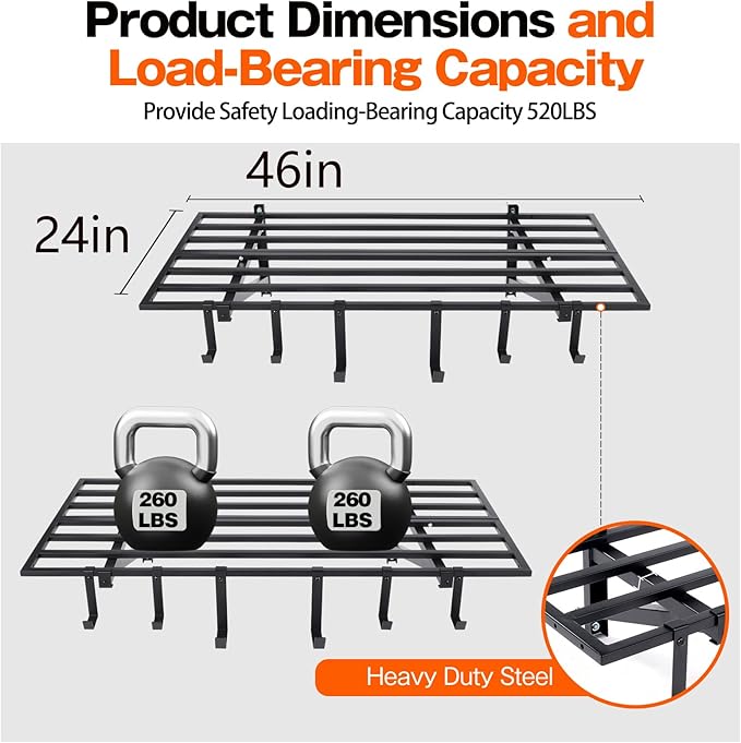 Garage Wall Shelving, 2X4ft Garage Storage Rack,Heavy Duty Wall Mounted Storage Shelf With 12 pc Hooks-Each Loads 260lbs Metal Wall Shelf,Black,2Pack